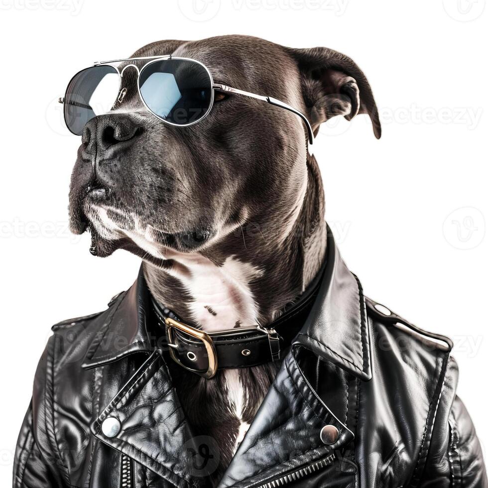 Gray pit bull dog wearing sunglasses and black leather jacket posing like a rockstar photo