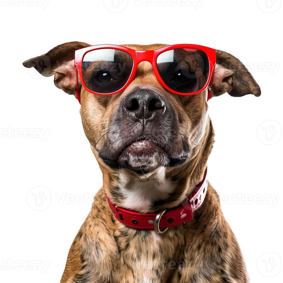 Brindle dog wearing red sunglasses and collar posing photo