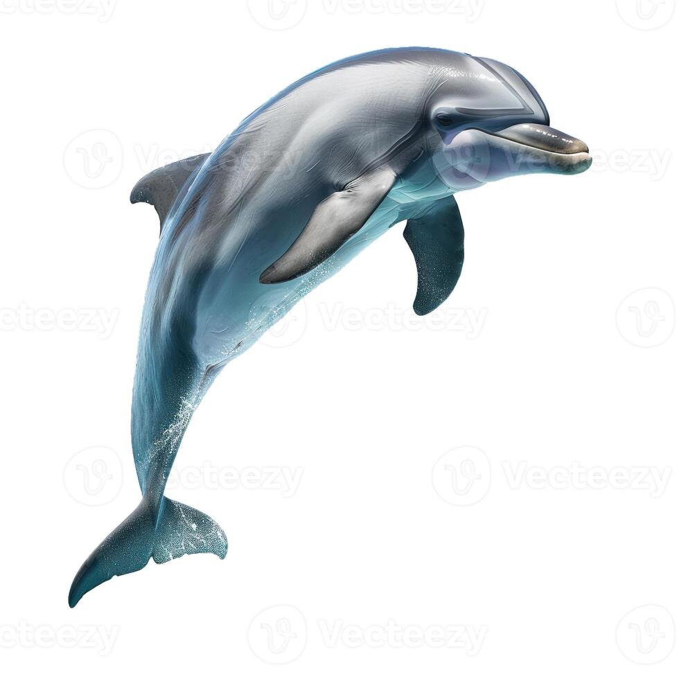 Dolphin jumping out of water on white background photo