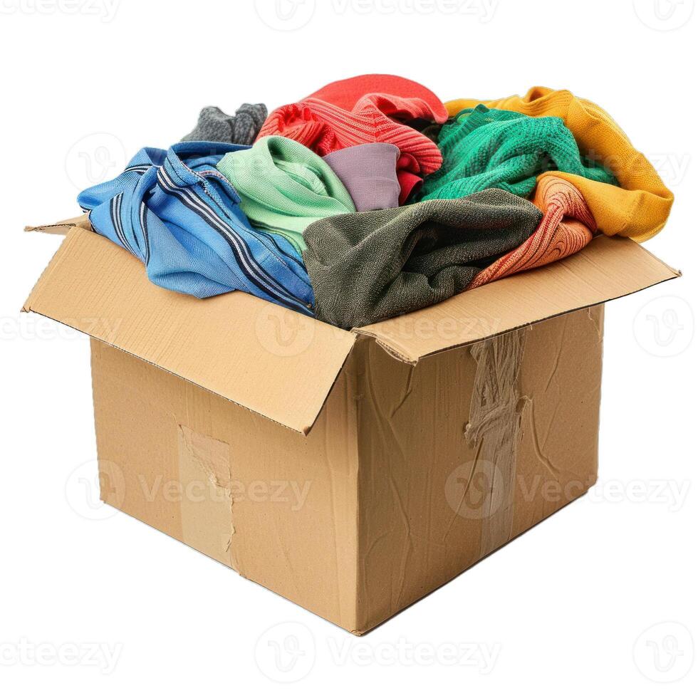 Cardboard box overflowing with donated used clothing photo