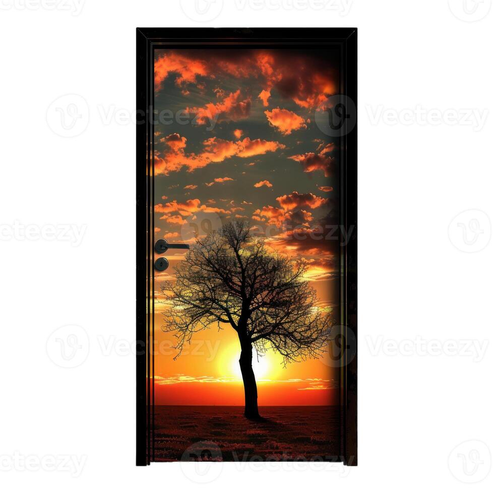 Door opening to field with tree silhouette at sunset photo