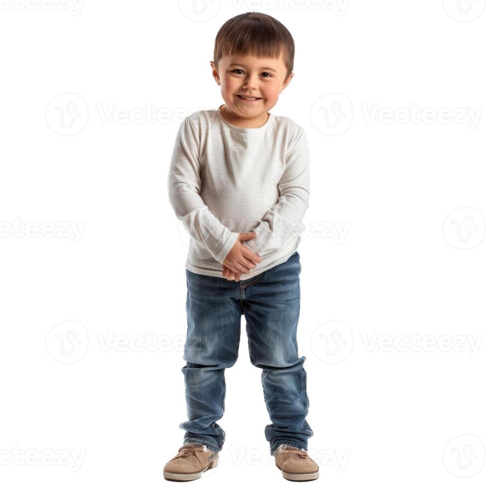Smiling boy standing and holding hands on white background photo