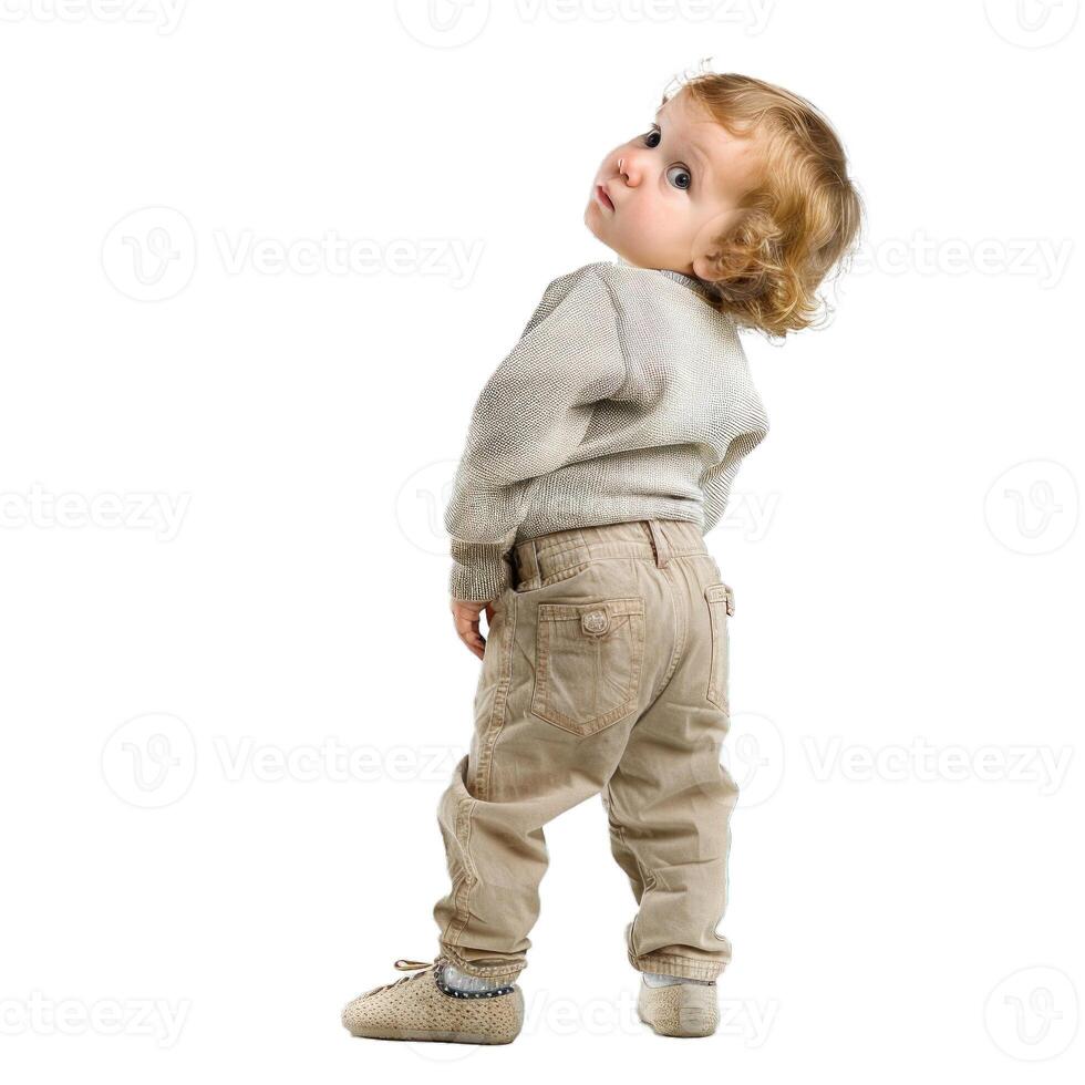 Cute toddler boy turning around on white background photo