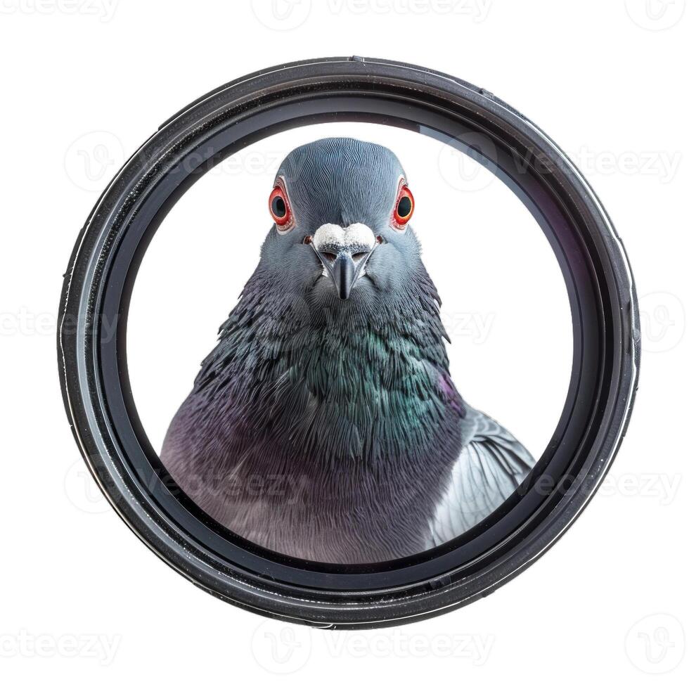 Curious pigeon peeking through camera lens isolated photo