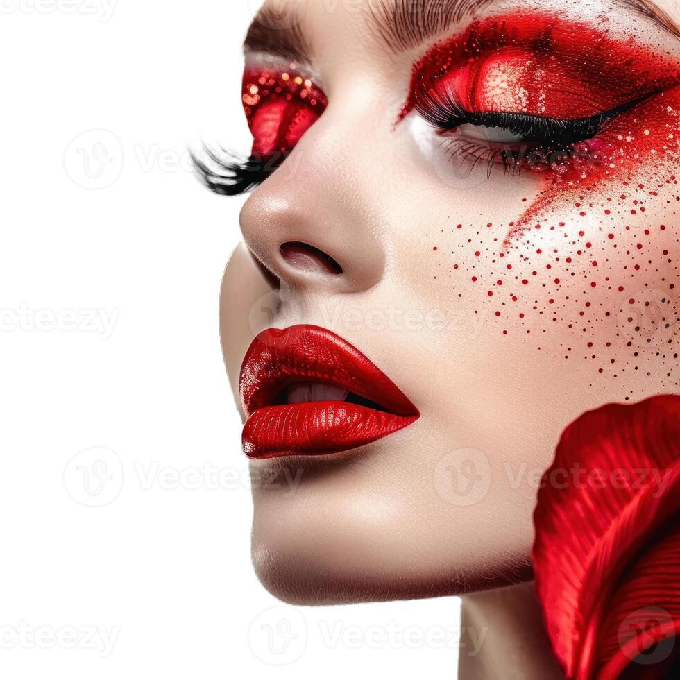 Beautiful woman posing with artistic red makeup and red lips photo