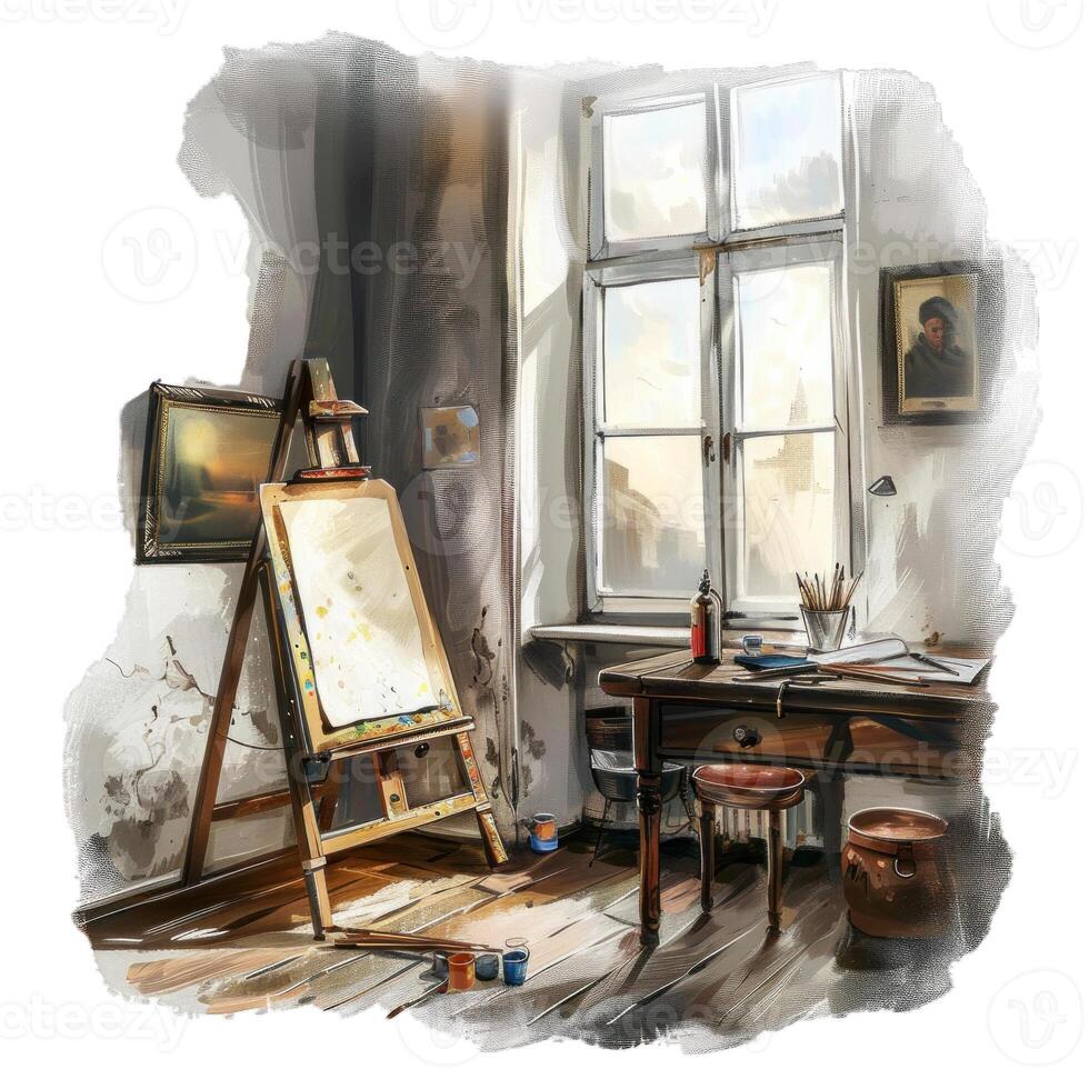 Easel standing in an empty artist studio bathed in warm sunlight photo
