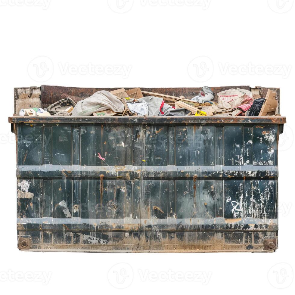 Green dumpster overflowing with trash and construction debris photo