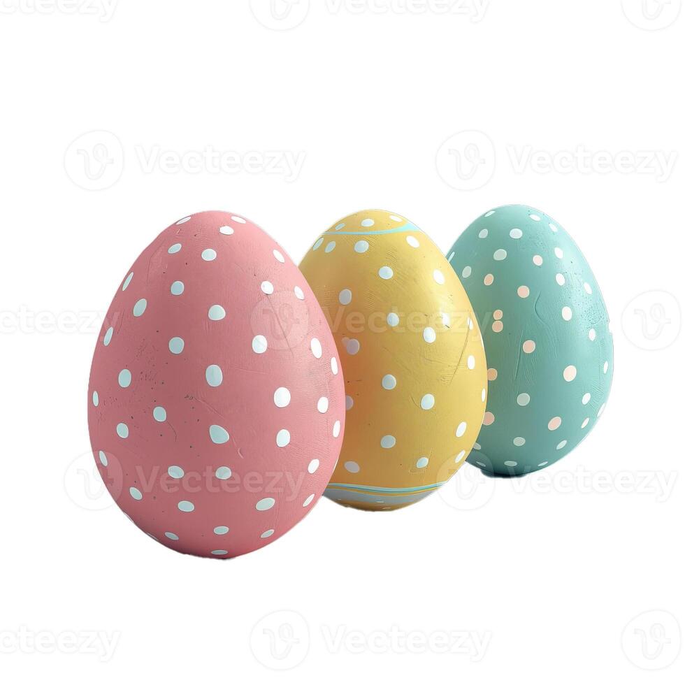 Three colorful easter eggs standing in a row on white background photo