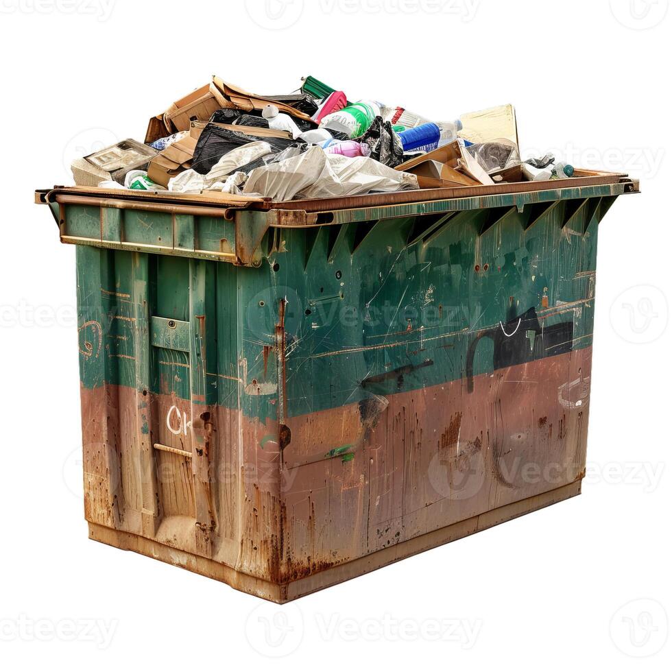 Overflowing green dumpster filled with trash and garbage photo