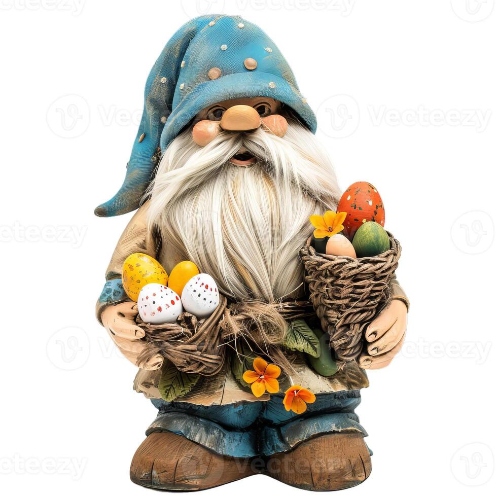 Smiling garden gnome holding baskets with easter eggs photo