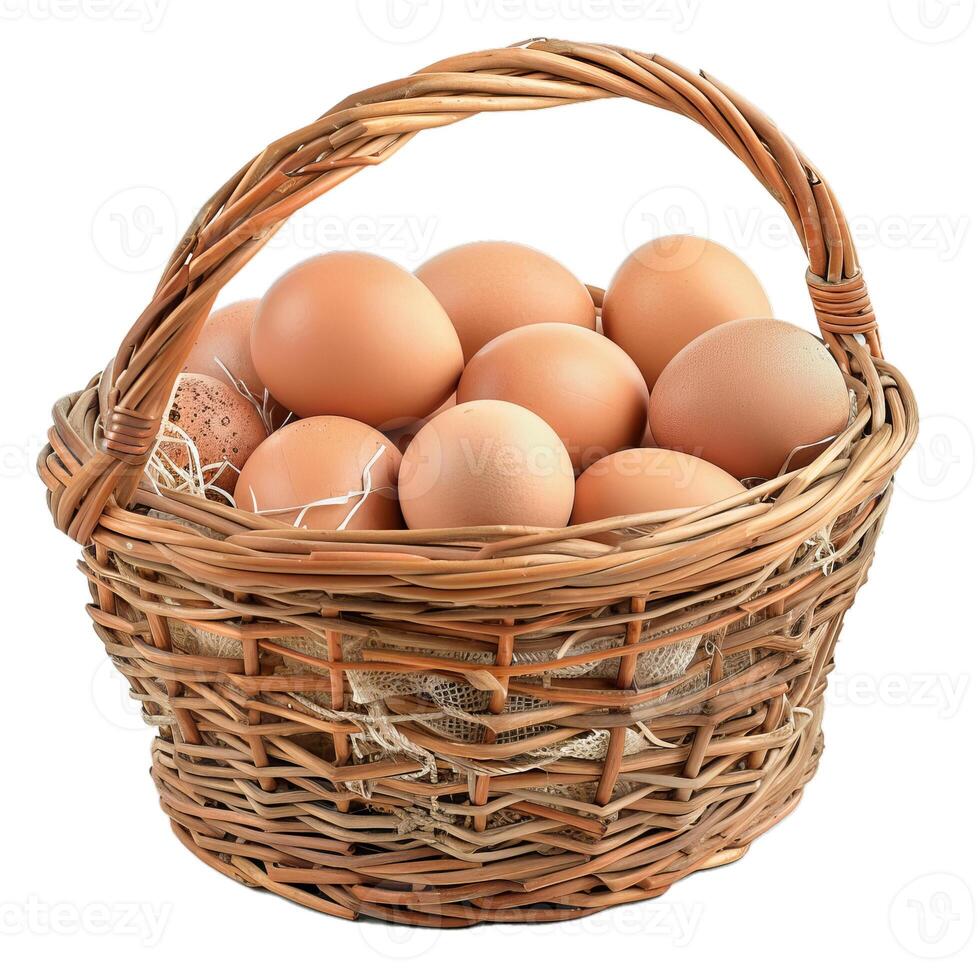 Wicker basket overflowing with farm fresh brown eggs photo