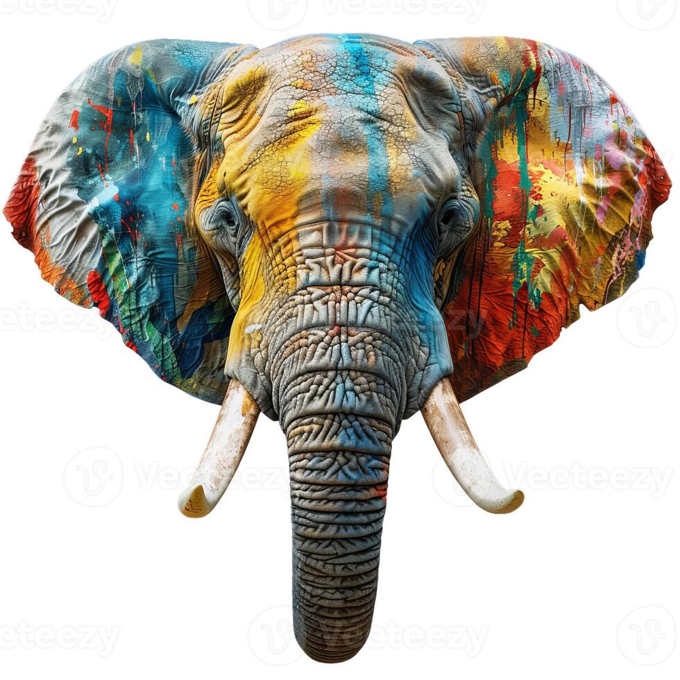 Majestic elephant showing colorful paint splattered head photo