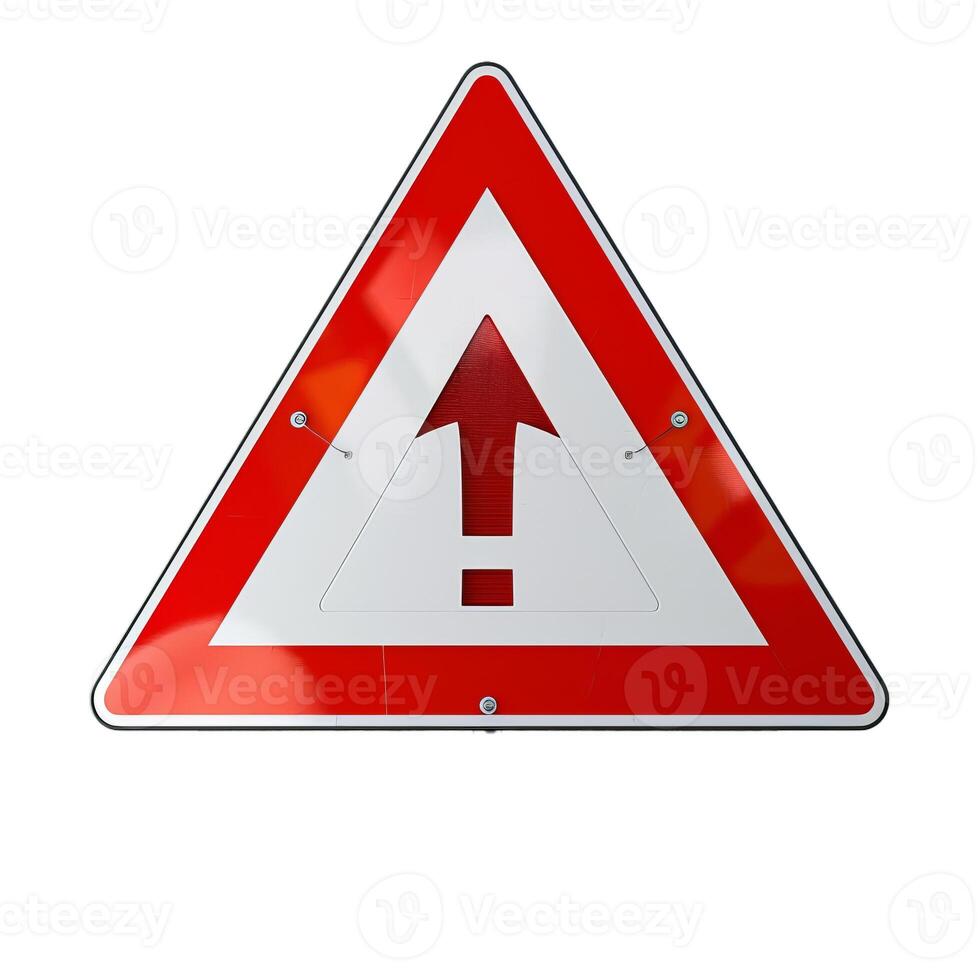Red and white warning road sign indicating danger with up arrow and exclamation point photo
