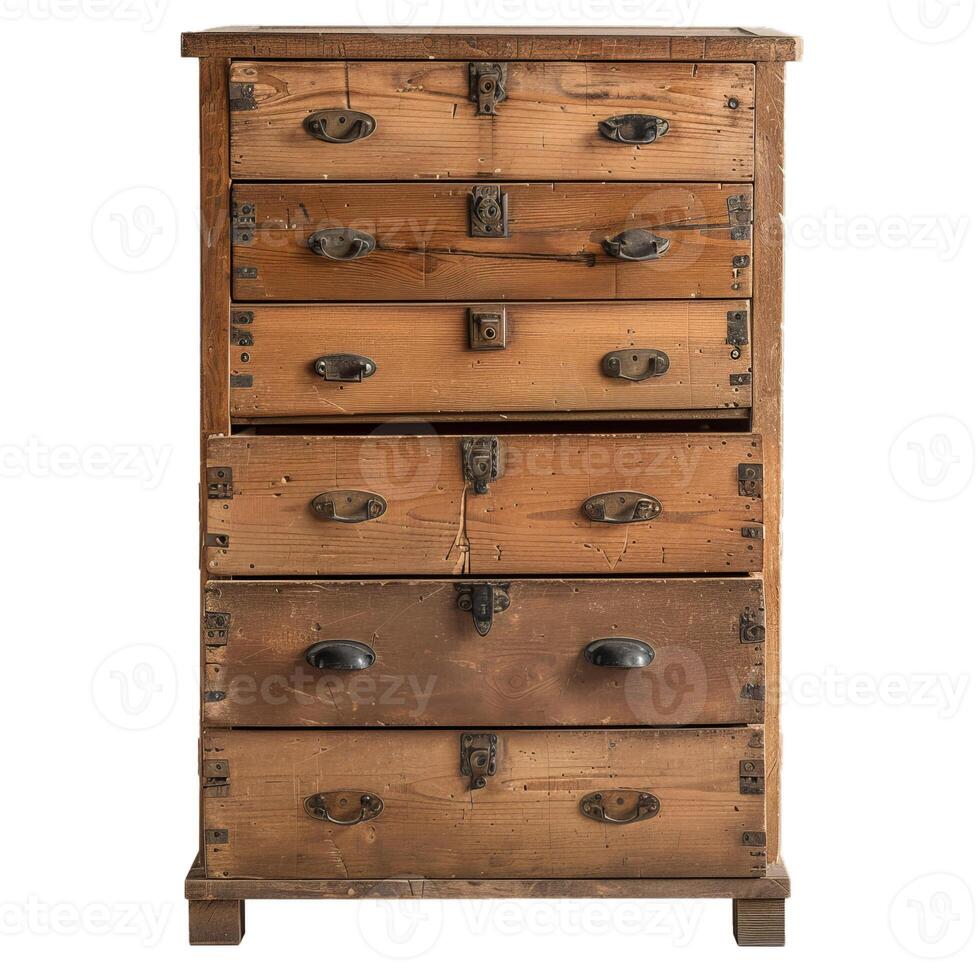 Old wooden chest of drawers standing on white background photo