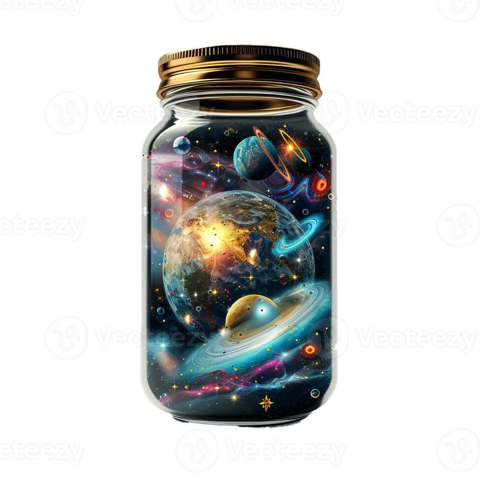 Universe floating in a glass jar with earth as the centerpiece photo