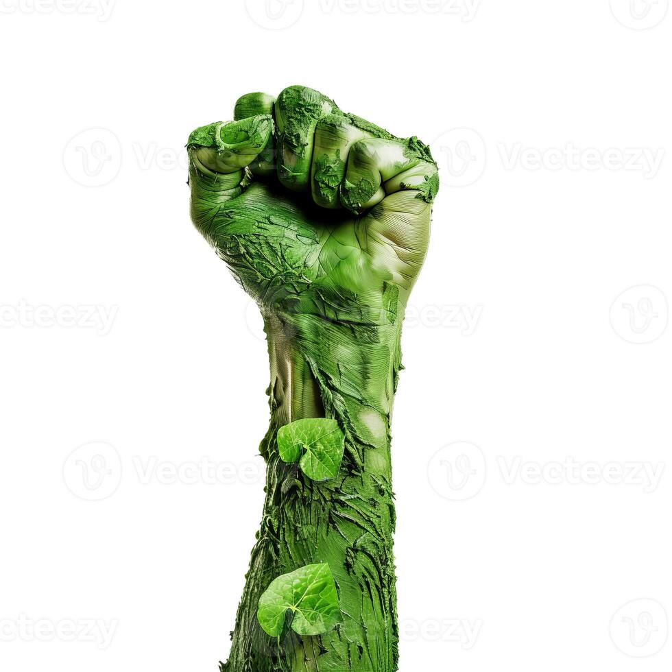 Green painted hand making fist conveying environmental concept photo