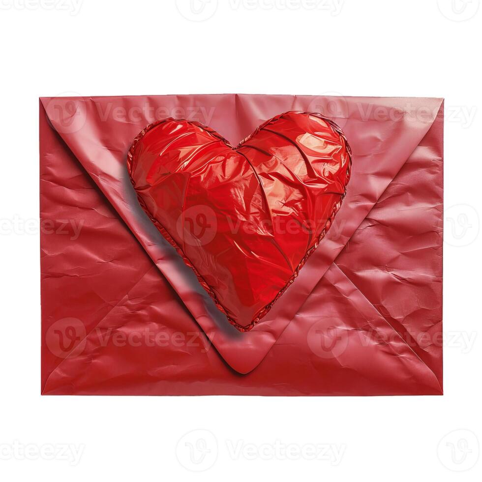 Crumpled red envelope with a shiny heart expressing love and affection photo