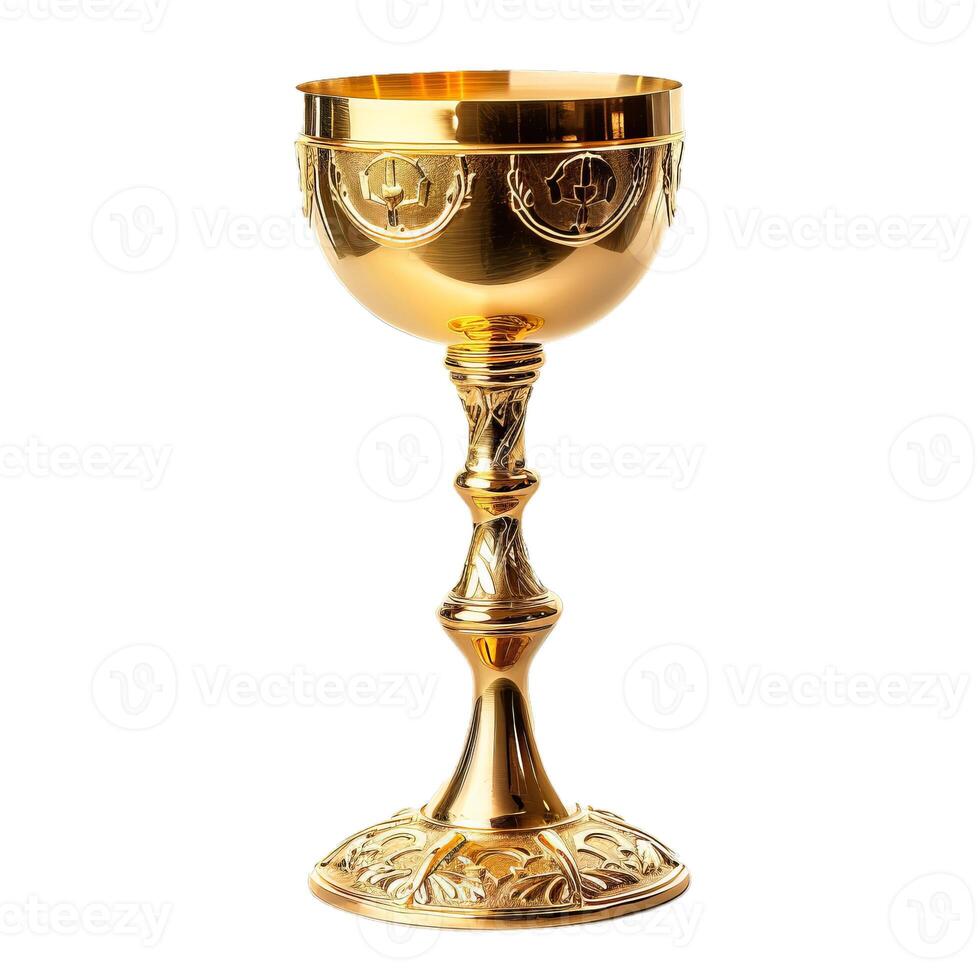 Golden chalice standing on white background photo