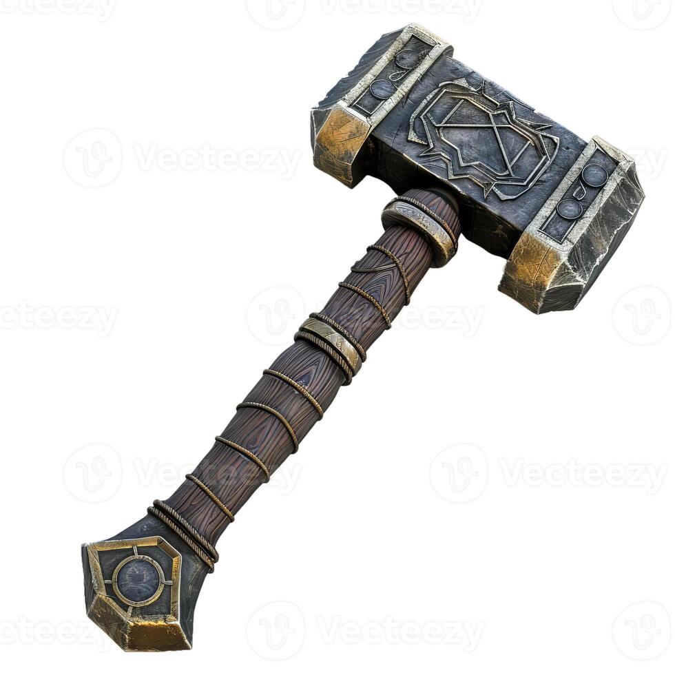 Ancient fantasy hammer with wooden handle isolated on white background photo
