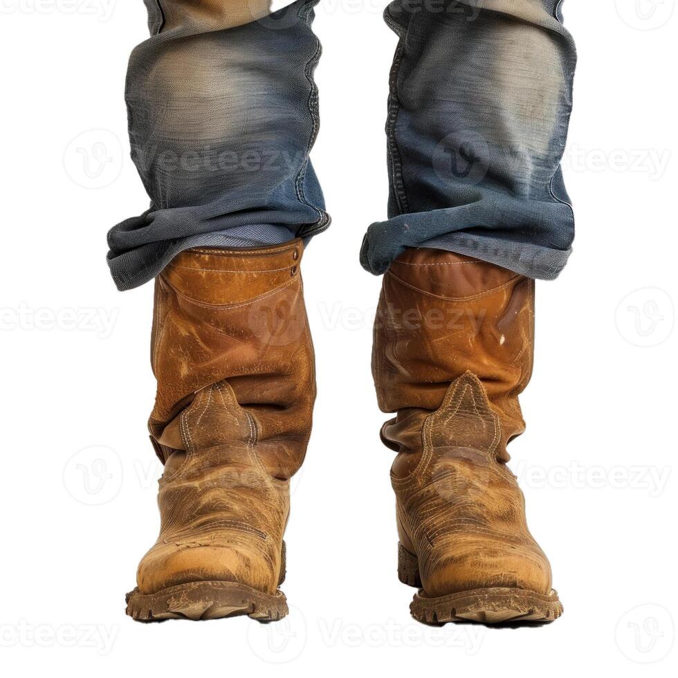 Construction worker wearing dirty leather boots and jeans standing on white background photo