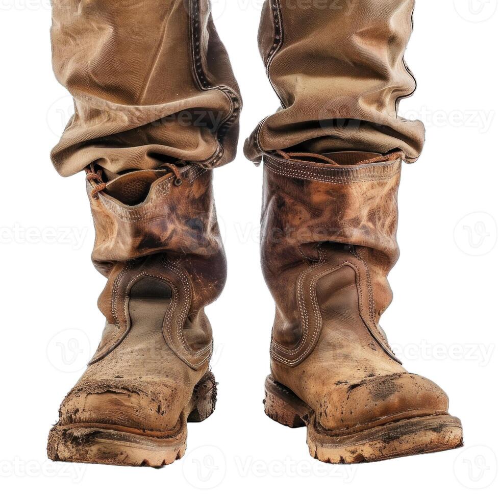 Construction worker wearing dirty work boots and pants standing over white photo
