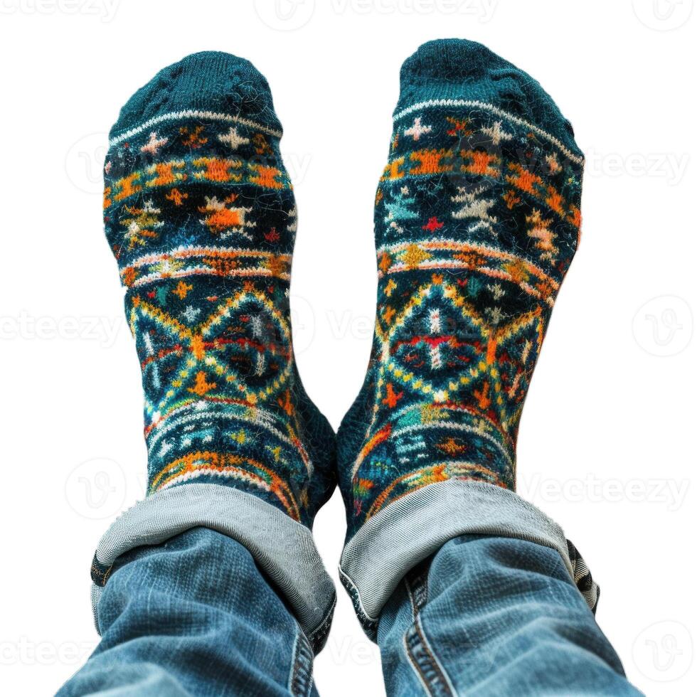 Man wearing warm knitted colorful socks relaxing at home photo