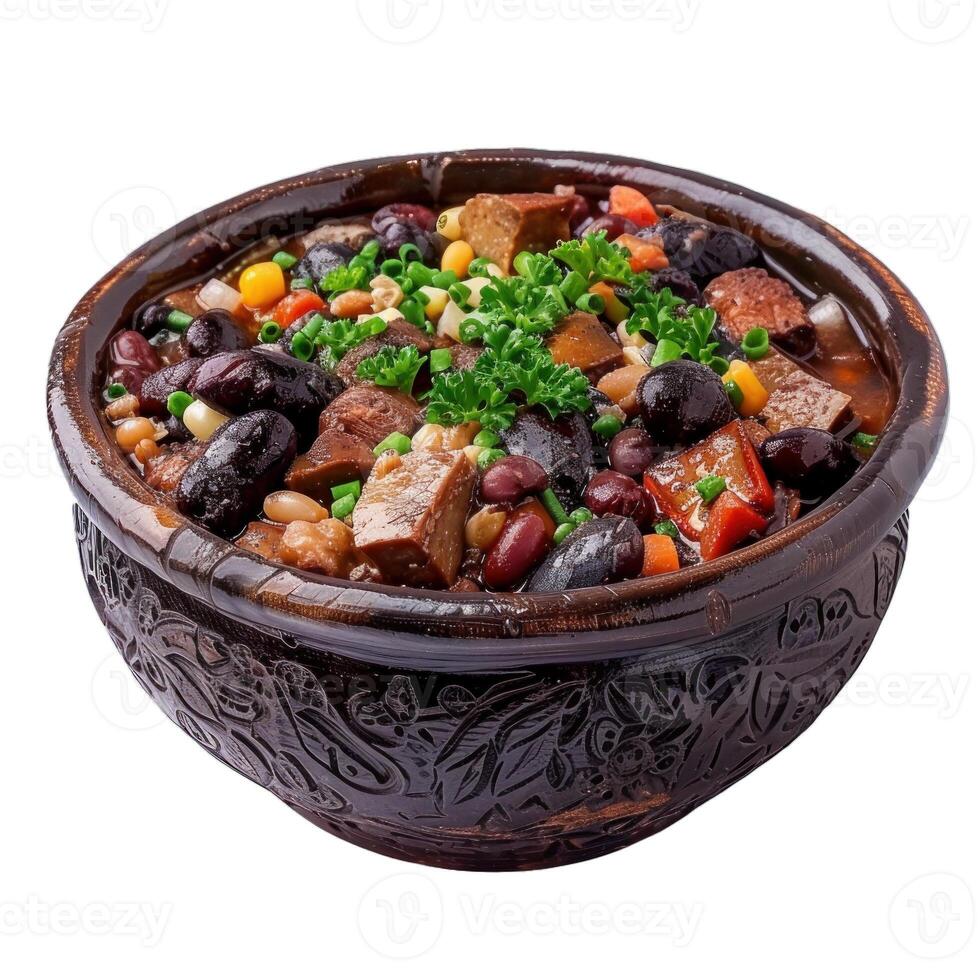 Steaming hearty chili con carne with beans and vegetables in rustic bowl photo