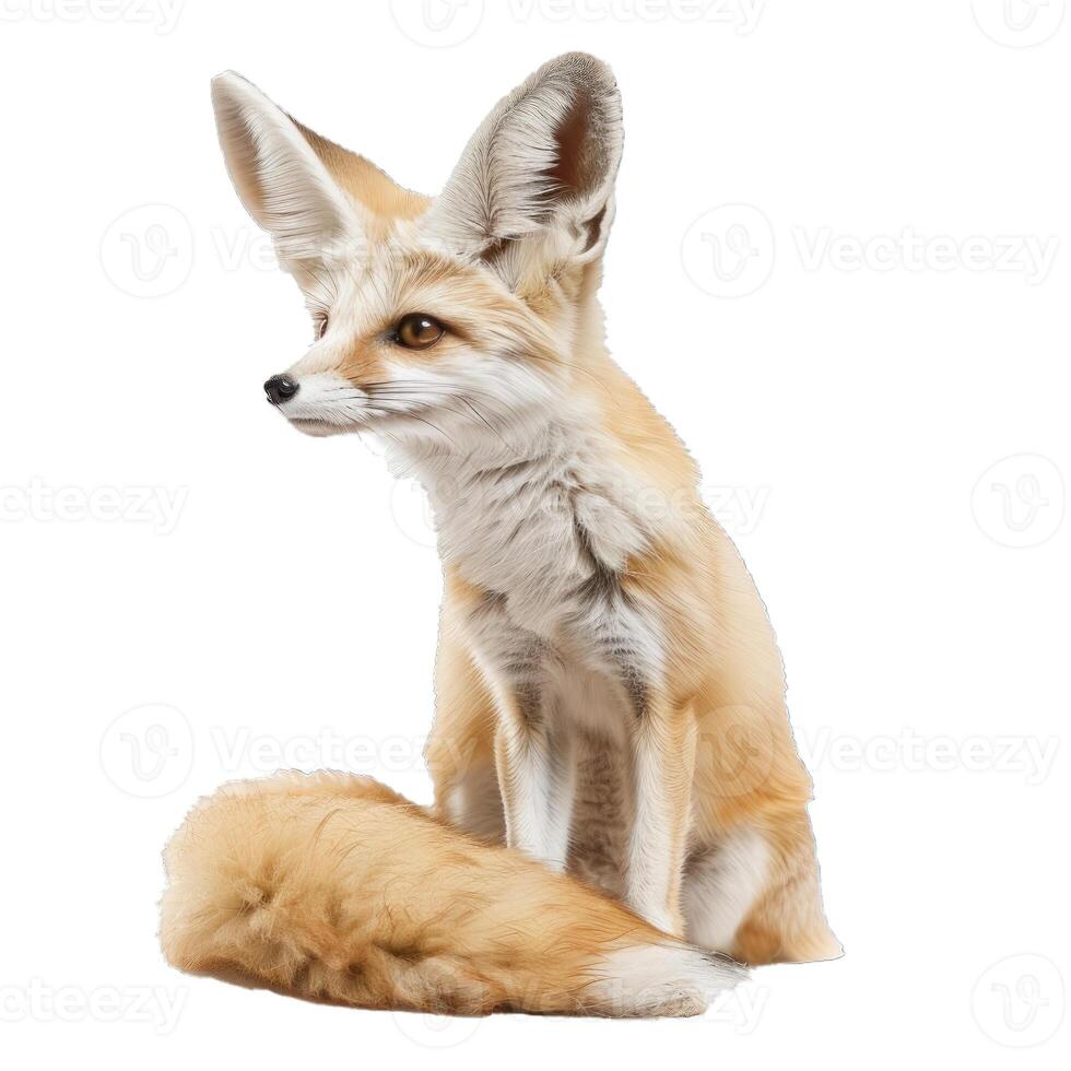 Fennec fox sitting and looking right with white background photo