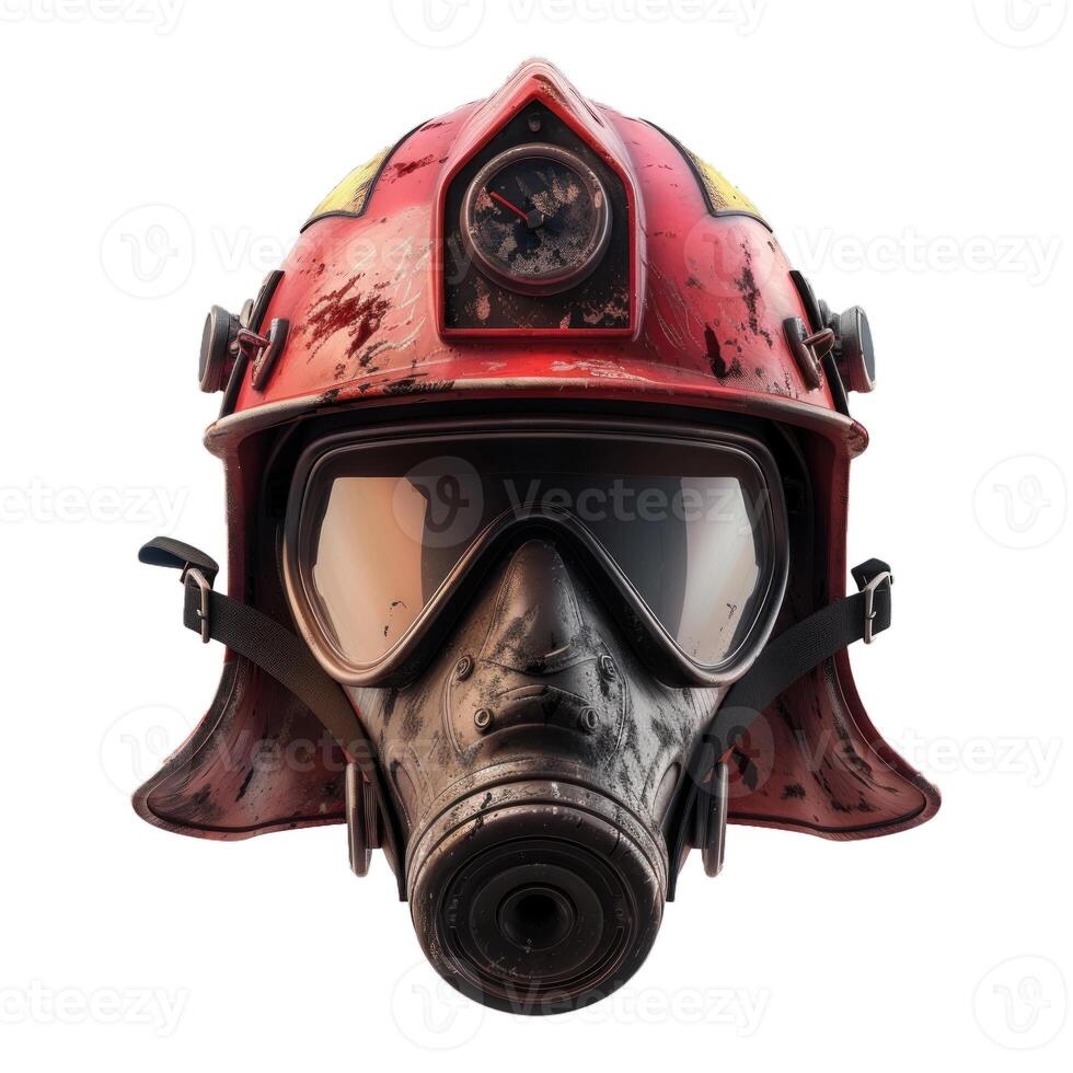 Red firefighter helmet with gas mask showing concept of danger photo