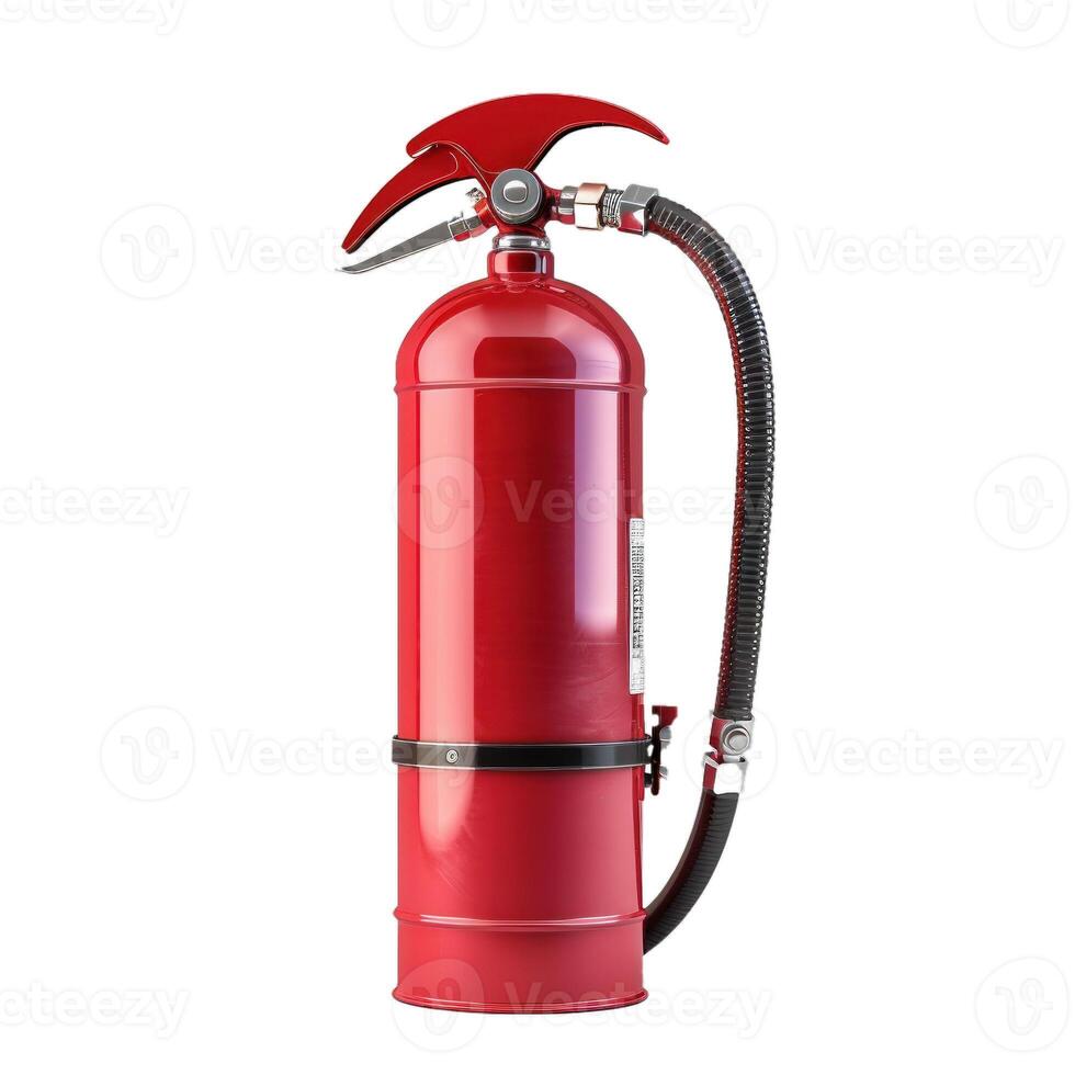 Red fire extinguisher standing upright on white background photo