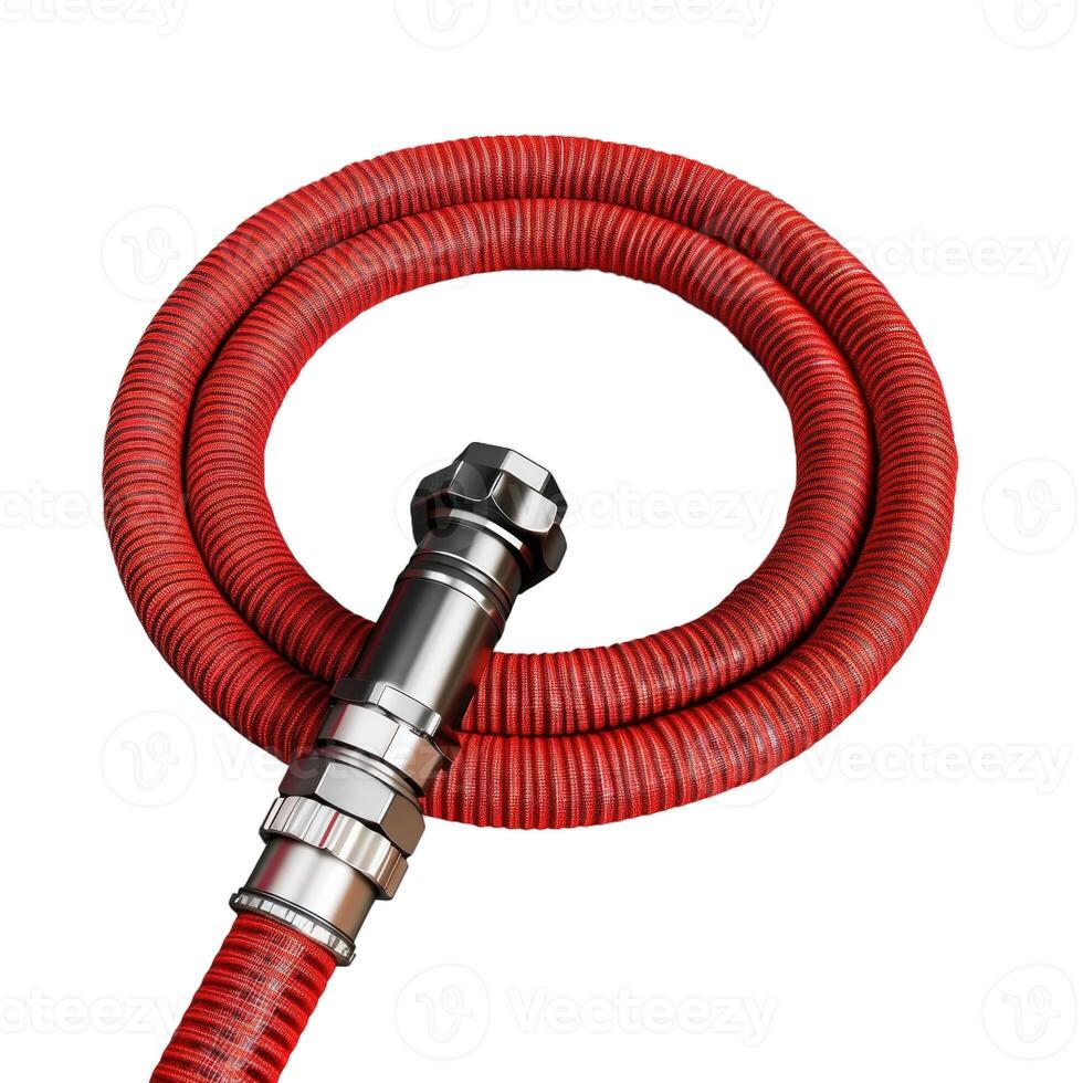 Flexible red cable with metallic connector forming a circle photo