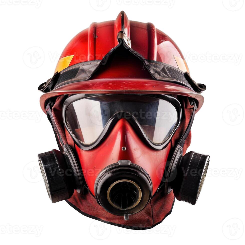Red firefighter helmet with respirator mask isolated on white background photo