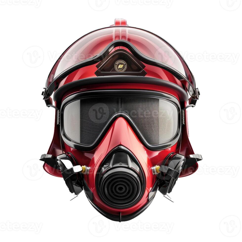 Red firefighter helmet with gas mask isolated on white background photo