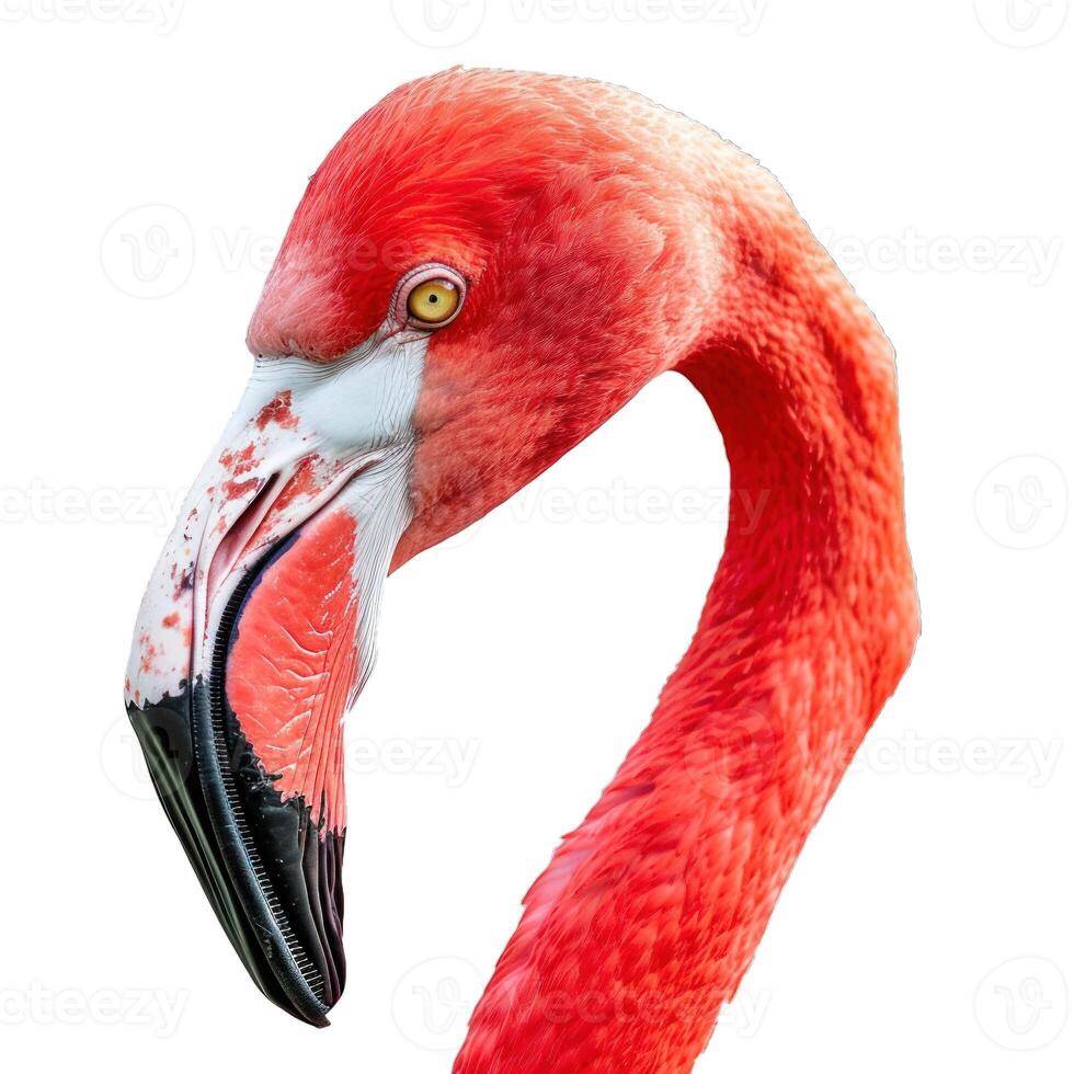 Pink flamingo bending its neck gracefully on white background photo