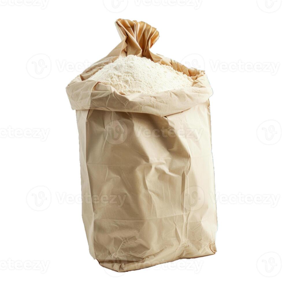 Paper bag overflowing with white flour on white background photo