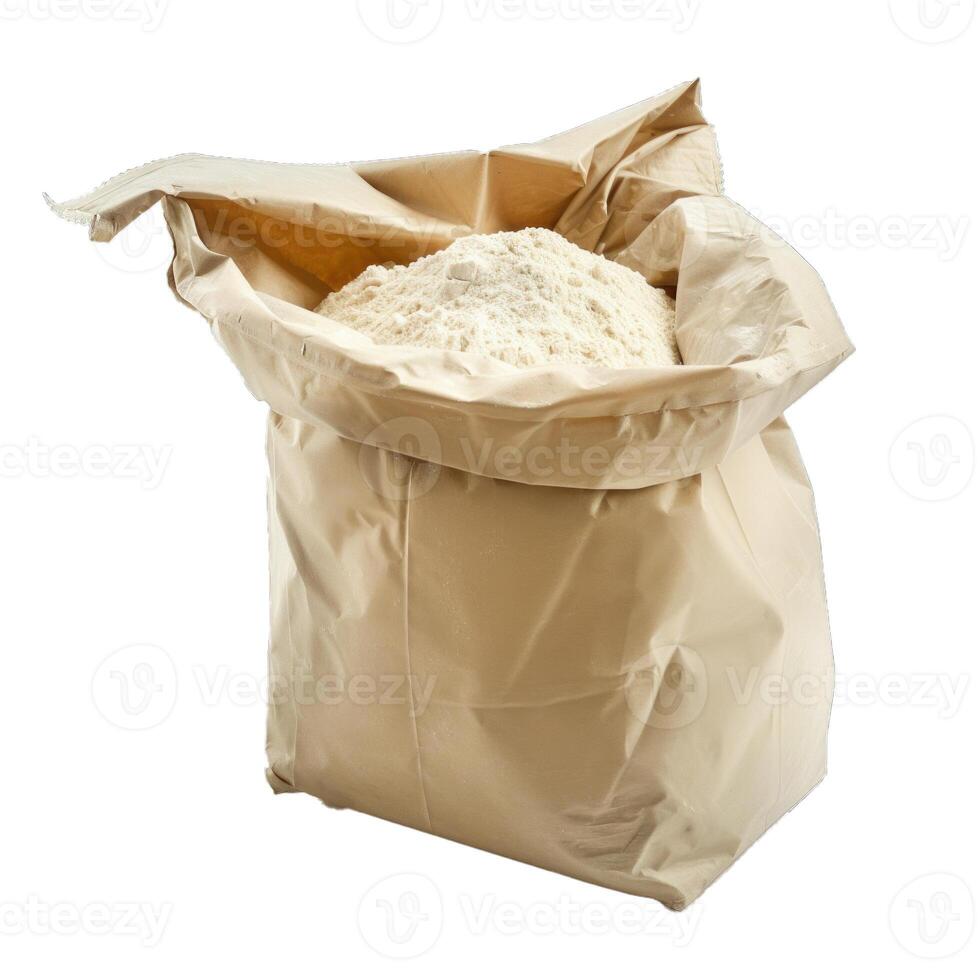 Paper bag overflowing with white flour on white background photo