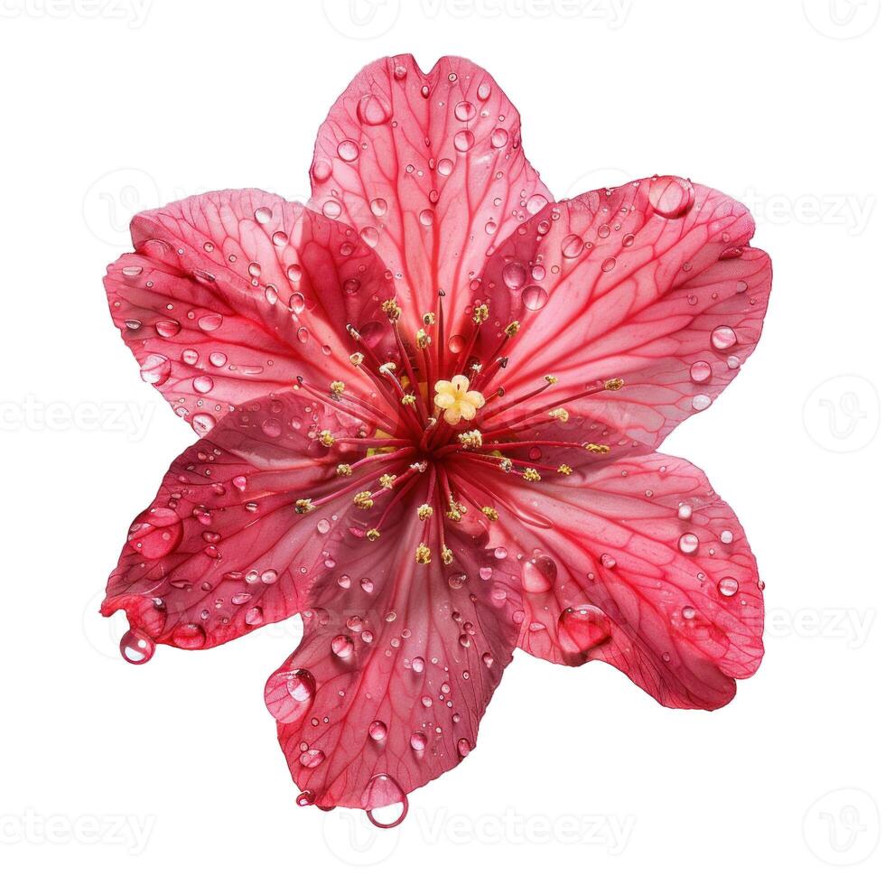 Beautiful pink flower covered with water droplets on white background photo