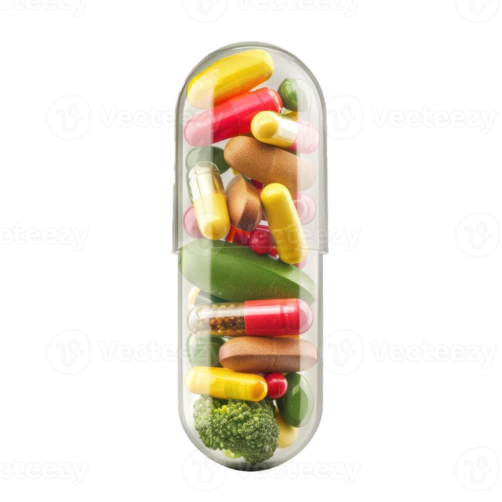 Transparent pill filled with variety of colorful vitamins and supplements photo