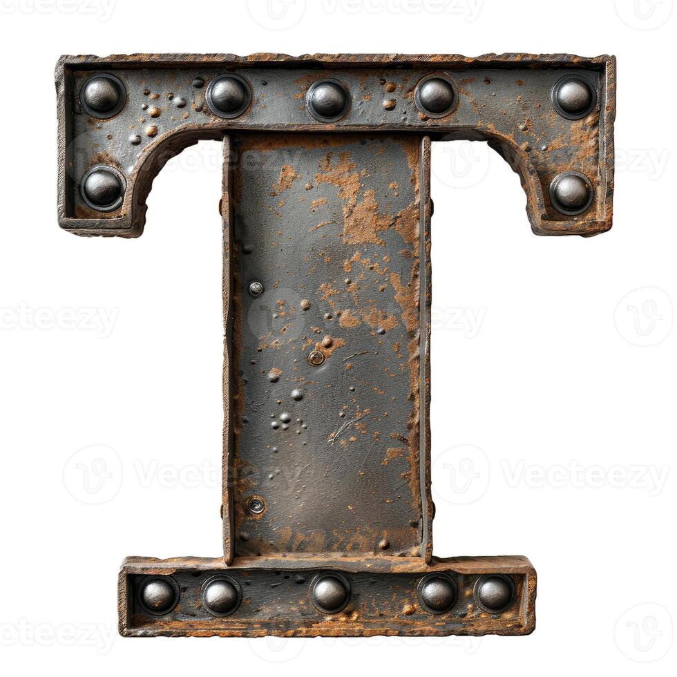 Uppercase letter t made of rusty metal with rivets, isolated on white background photo
