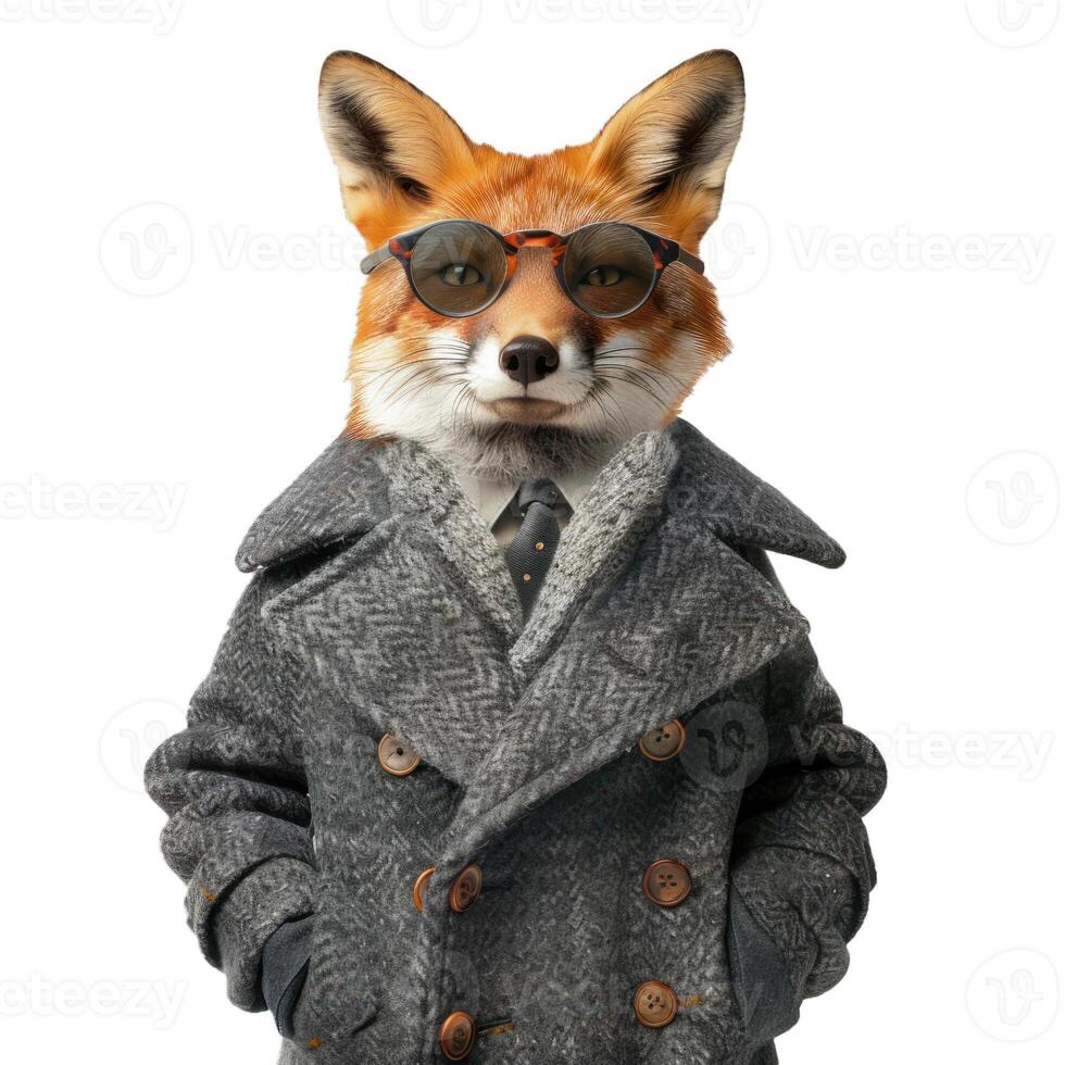 Red fox wearing suit and tie posing with hands in pockets photo