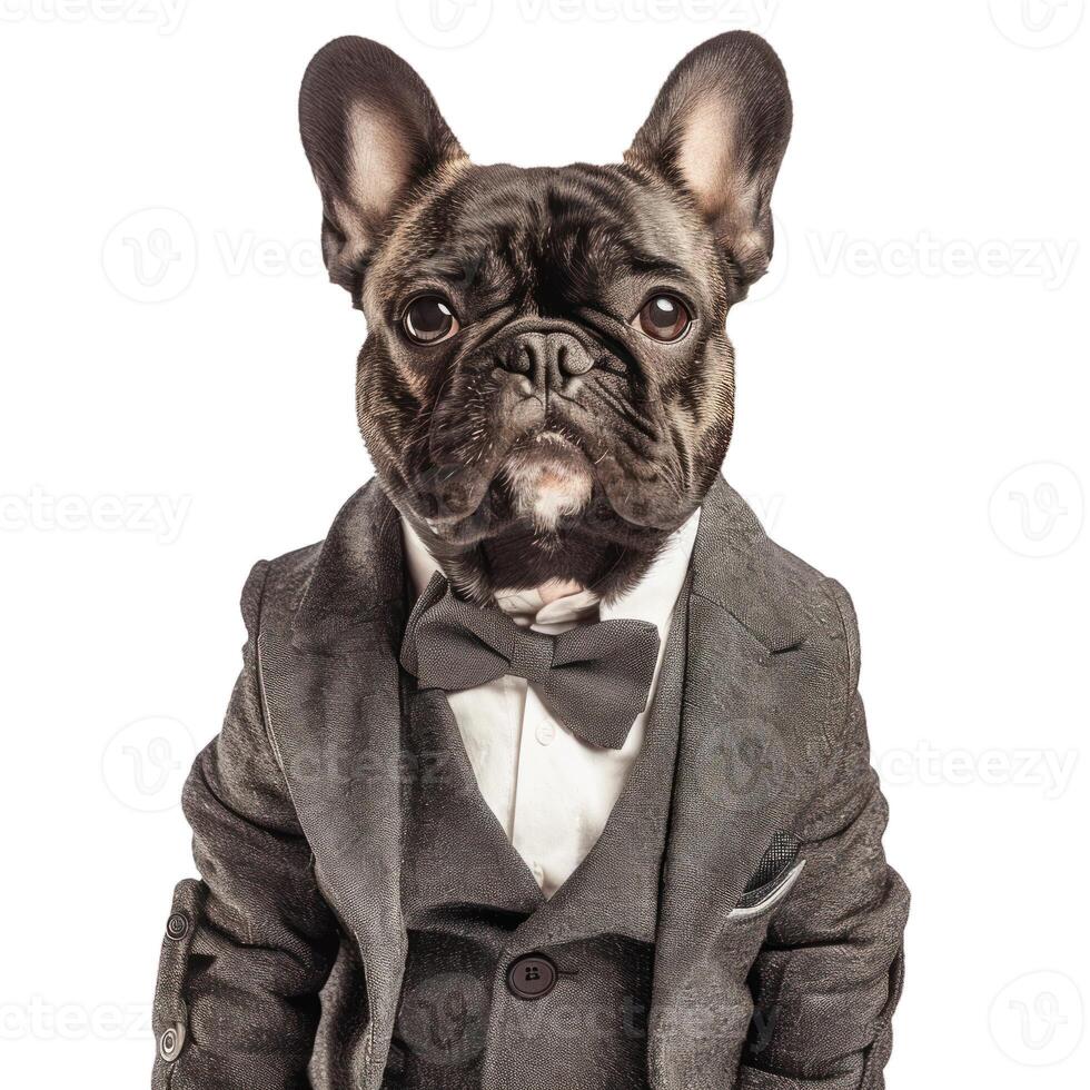 French bulldog dog wearing suit and bow tie posing for business portrait photo