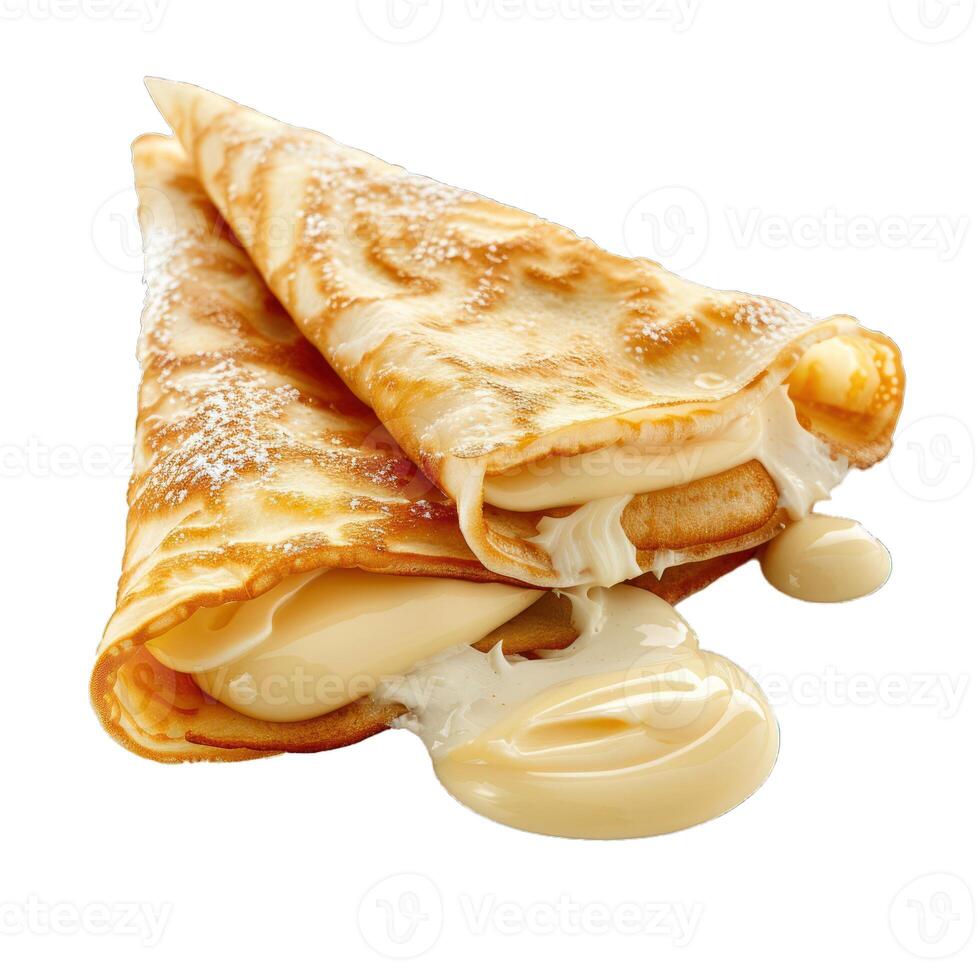 Delicious homemade crepes filled with sweet cream and icing sugar photo