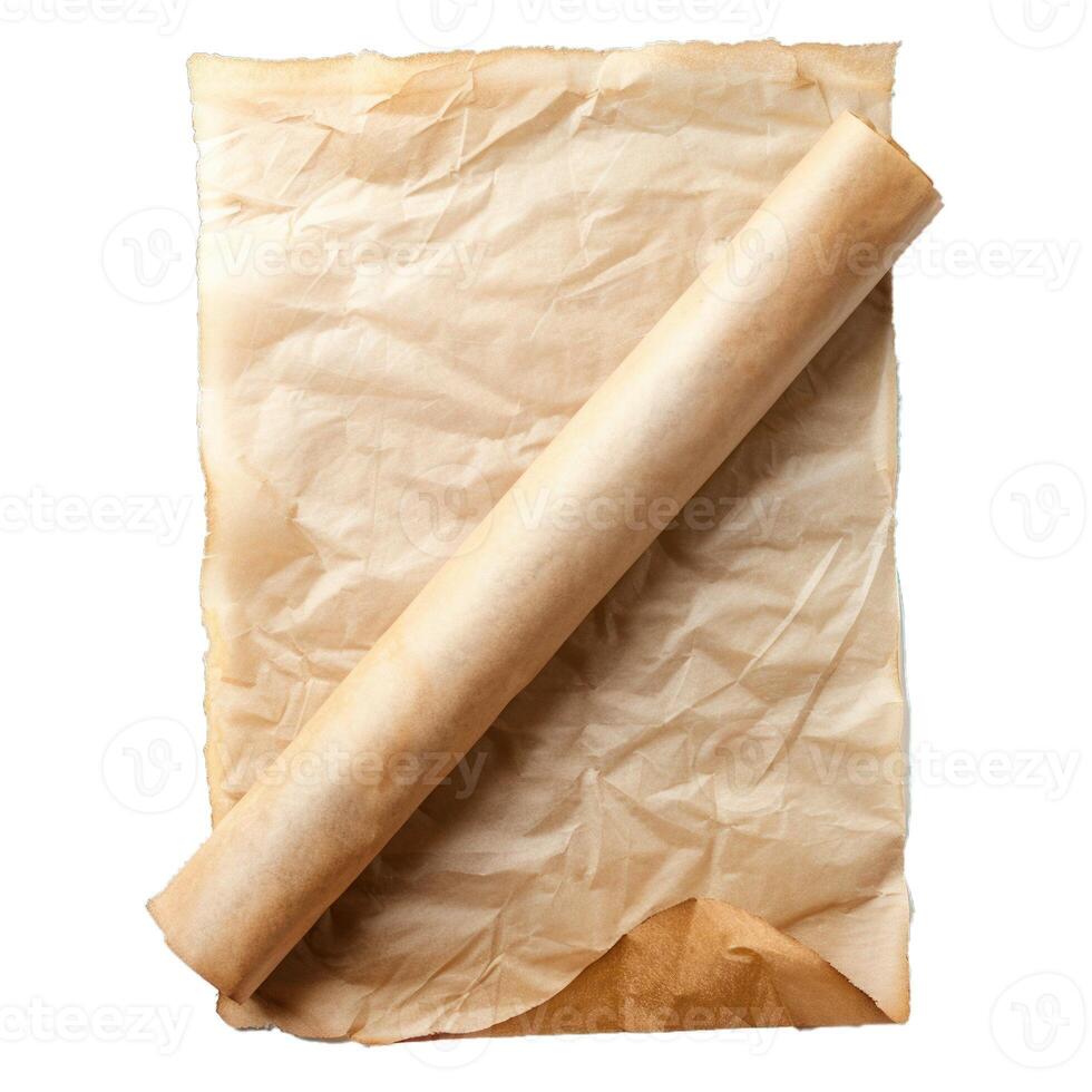 Crumpled brown baking paper with a folded up scroll on top photo