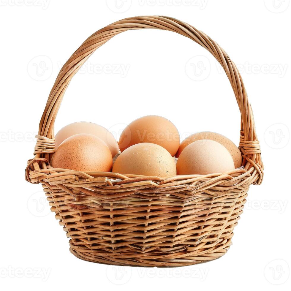 Wicker basket overflowing with farm fresh brown eggs photo