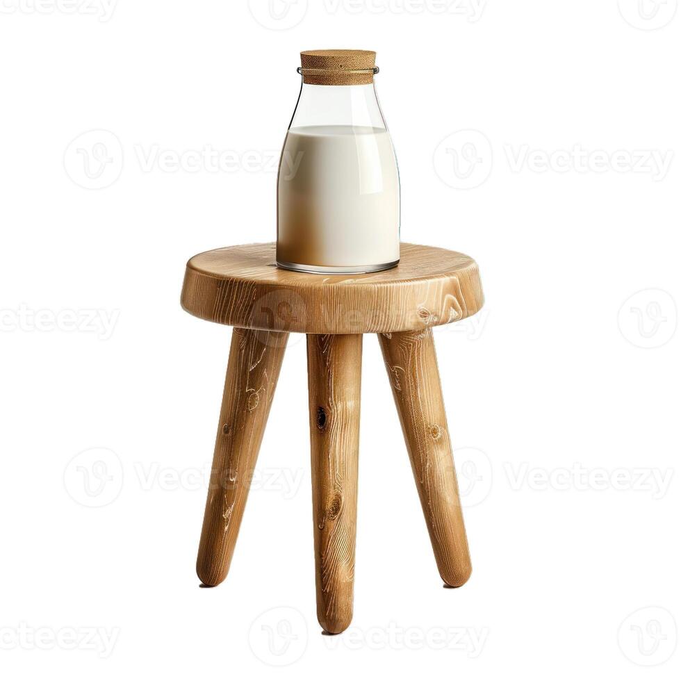 Glass milk bottle standing on a rustic wooden stool photo