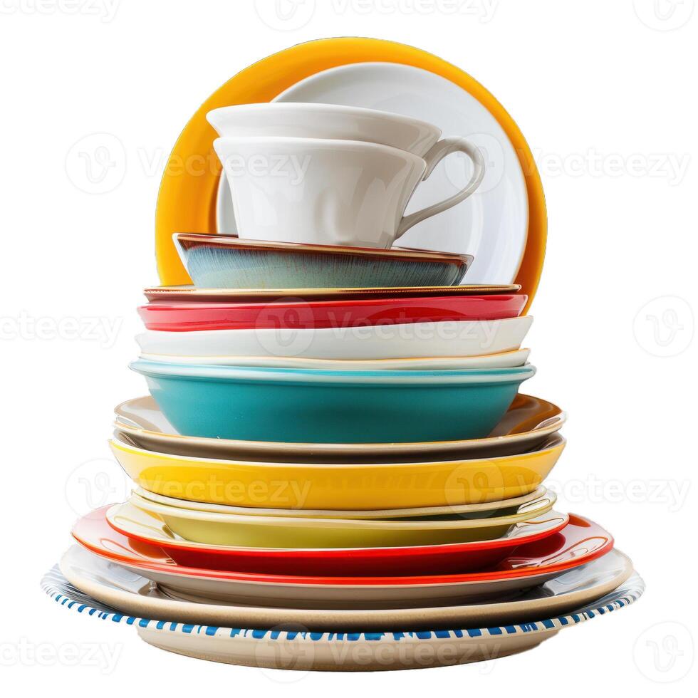 Stack of colorful plates and bowls forming a tower on white background photo