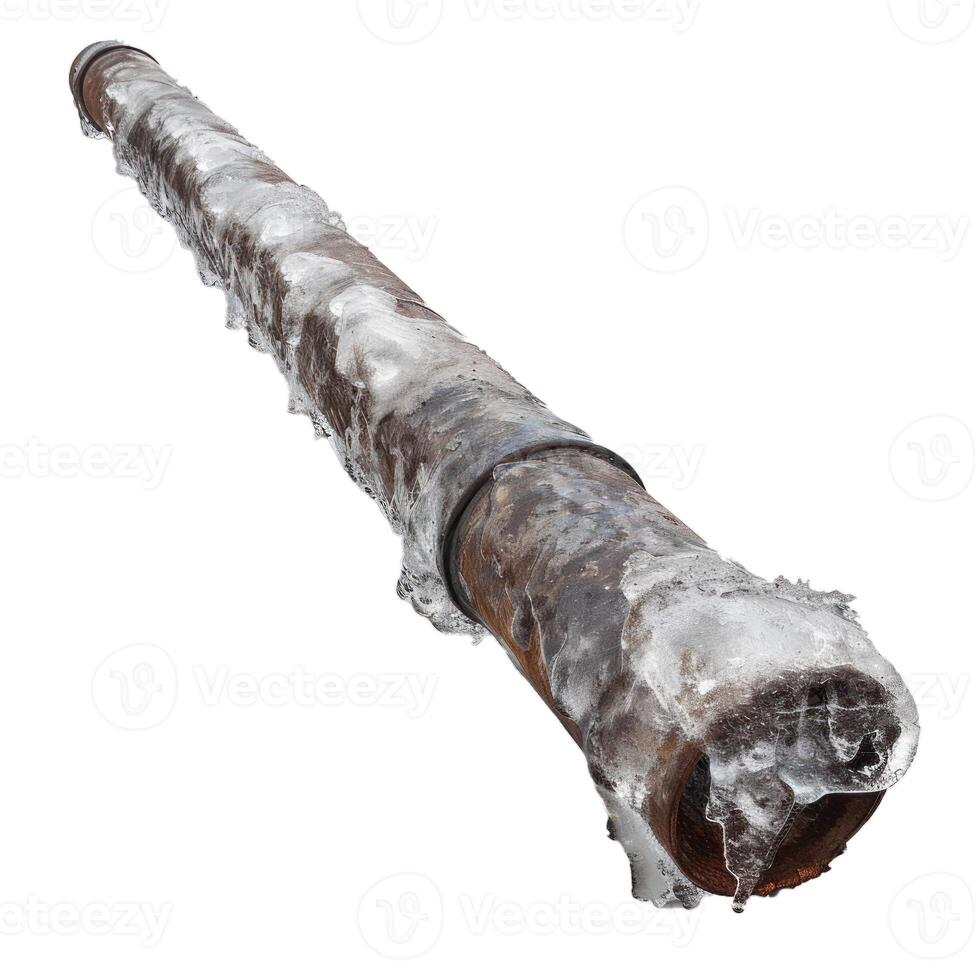 Rusty water pipe is covered with ice from the cold weather photo