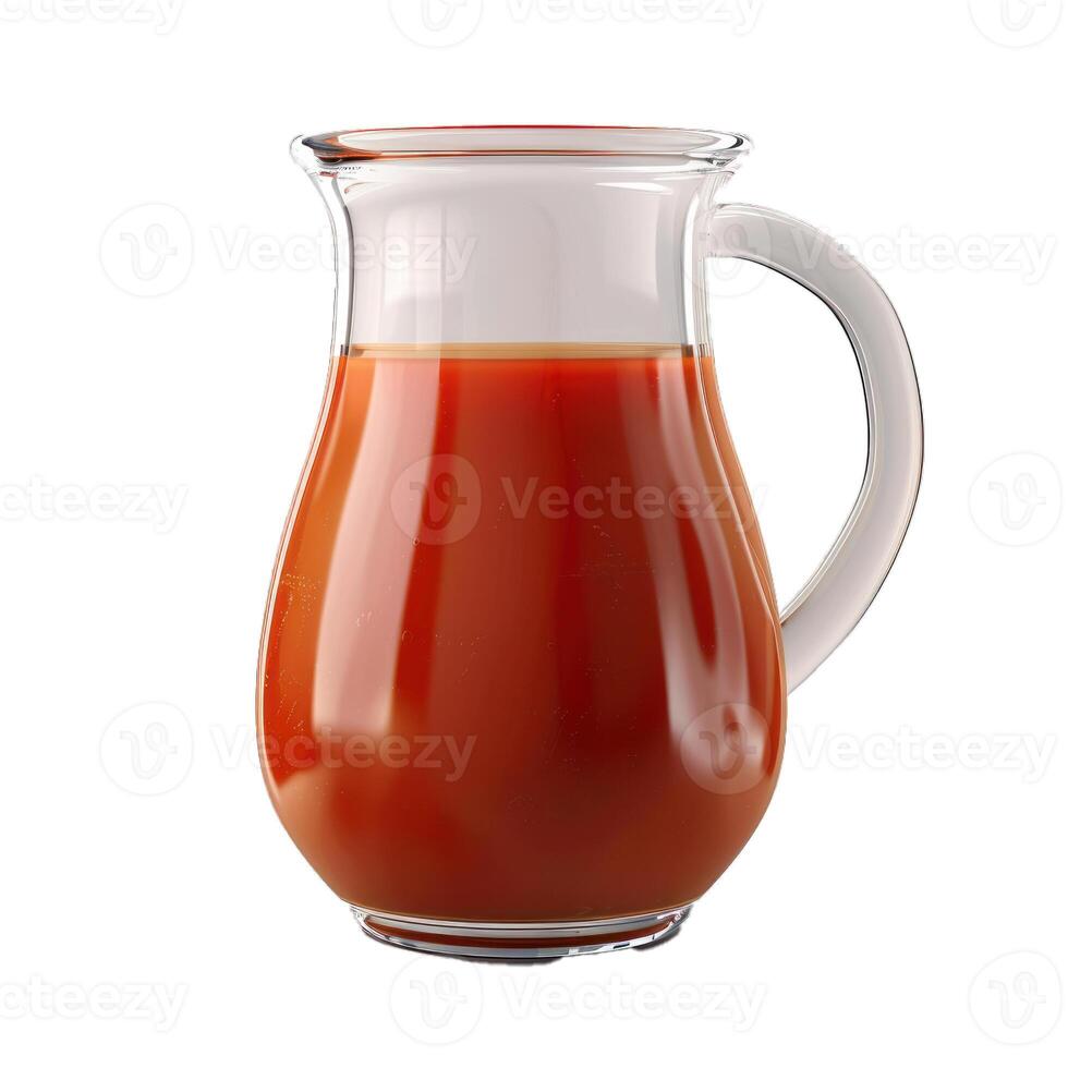 Glass pitcher filled with tomato juice standing on white background photo