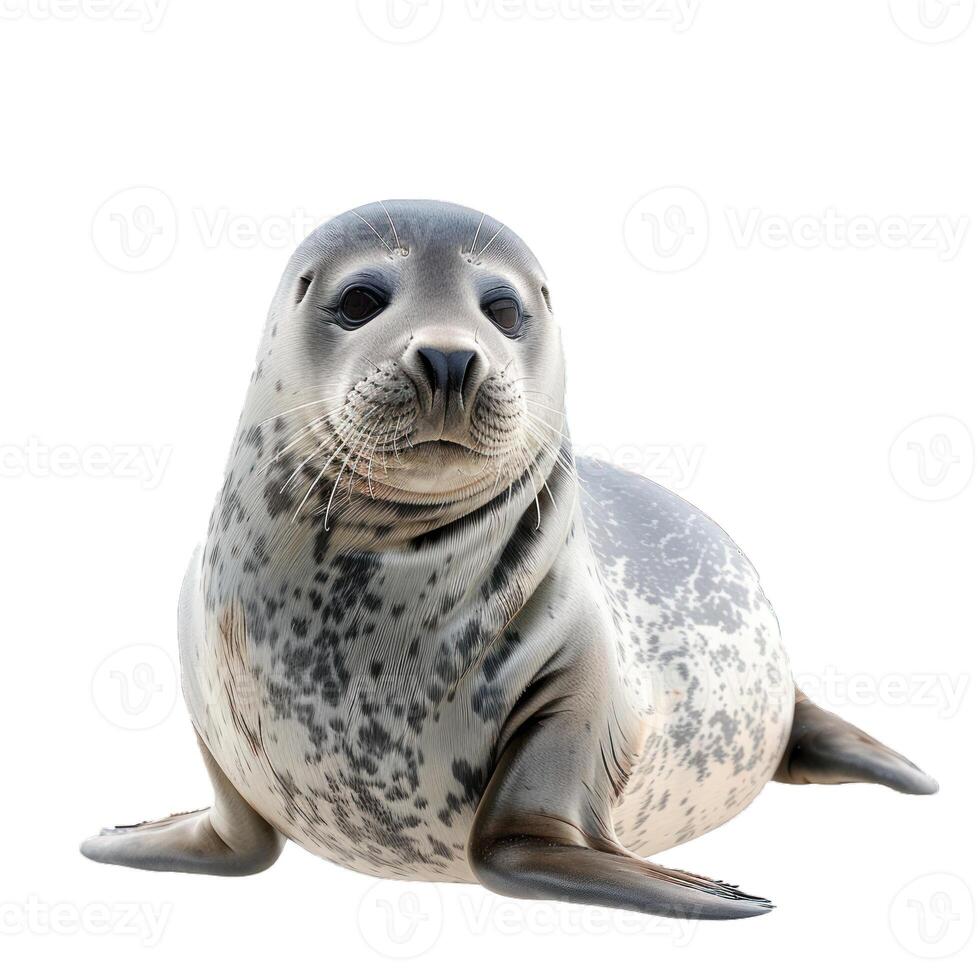 Curious harbor seal relaxing on white background photo