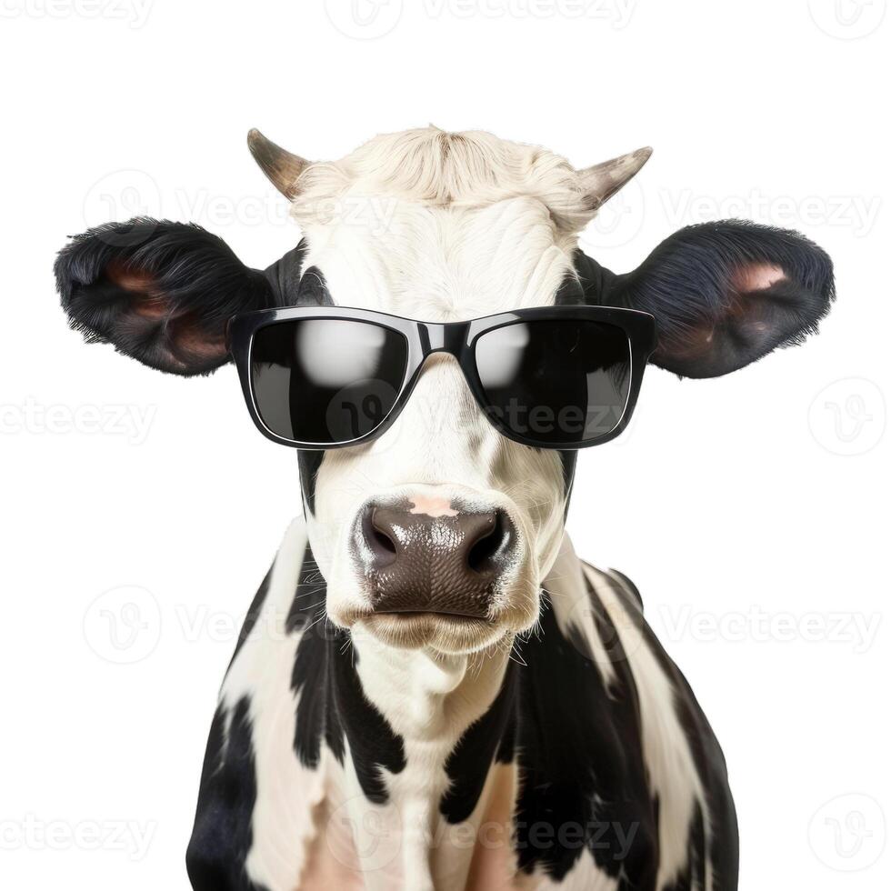 Black and white cow wearing sunglasses posing on white background photo